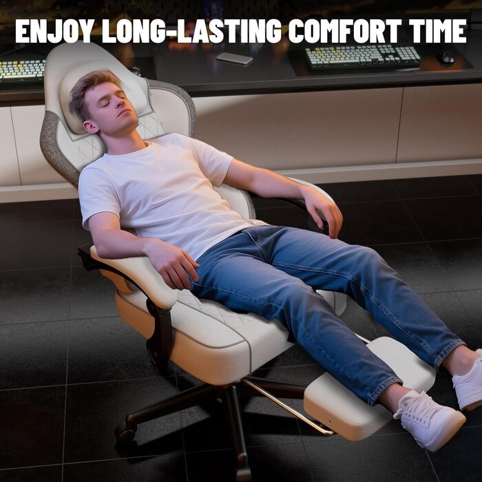 Ігрове крісло Soontrans з масажною поперековою опорою, м&39яке ігрове крісло, ергономічне ігрове крісло з підставкою для ніг, бавовна, регульована спинка 90-160, ігрове крісло (біле), суміш бавовни та льону, білий