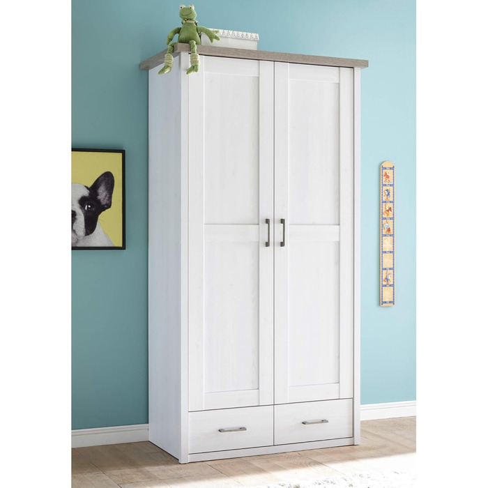 Елегантна шафа LUCA з 2 дверима для дитячої кімнати - Універсальна шафа з орними дверима та великим місцем для зберігання в кольорі &quotСосновий білий&quot / &quotТрюфель&quot - 106 x 201 x 55 см (Ш/В/Г)