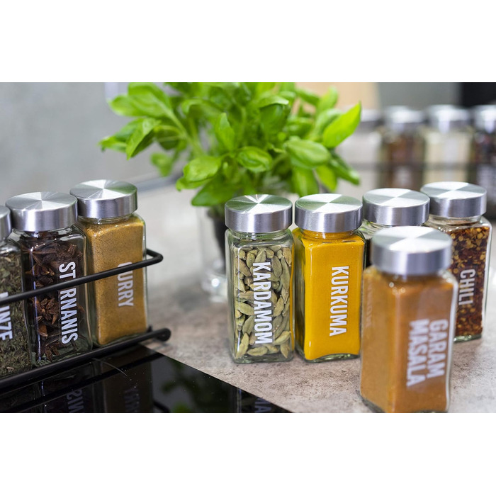 Підставка для спецій з 18 банками - Для підвішування на стіну та дверцята шафи - Не потребує свердління - Підвісний органайзер для спецій з кришками з нержавіючої сталі