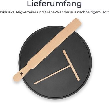 Млинниця KLAMER, велика поверхня для випікання діаметром 33 см, плита з антипригарним покриттям, вкл. тісторозділювач і дерев'яний