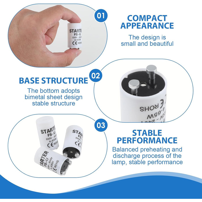 Люмінесцентна лампа на 6 стартерів, універсальний стартер для люмінесцентних ламп ST111, 4-65W, 220-240V, міцний і надійний стартер для люмінесцентних ламп, підходить для побутового та комерційного використання (6 шт.)