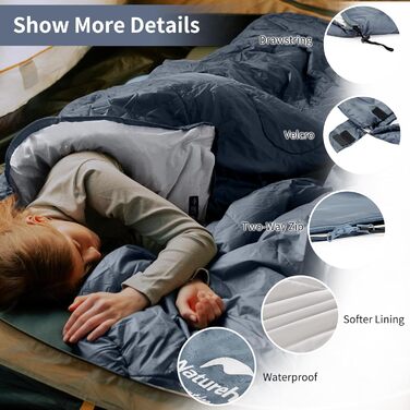 Спальний мішок Naturehike з капюшоном, спальний мішок-ковдра для кемпінгу, легкий та зручний, ідеально підходить для пригод на природі та подорожей, темно-синій-лівий (11C)