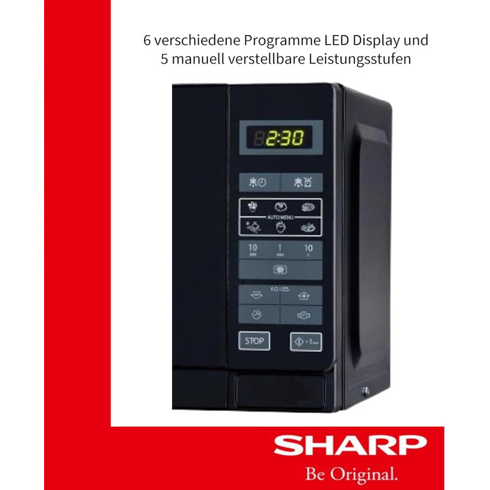 Мікрохвильова піч Sharp R242BKW Solo / 20 л / 800 Вт / 5 рівнів потужності / 8 автоматичних програм / Розморожування за вагою та часом / Блокування від дітей / Режим енергозбереження / Скляний поворотний стіл (25,5 см) / Чорний