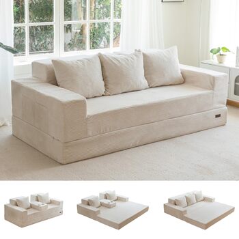 Розкладний диван MAXYOYO, вельветовий диван на підлозі, розкладний диван з підставкою для чашок та декоративними подушками, зручний компресійний диван для вітальні, спальні, кімнати для гостей, кремовий 3-місний