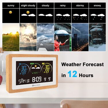 Бездротова метеостанція KETOTEK з зовнішнім датчиком, гігрометром, кімнатним термометром, цифровим DCF радіо-годинником, кімнатним термометром з прогнозом погоди, будильником, регульованим постійним підсвічуванням