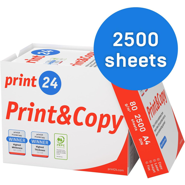Папір для принтера, папір для копіювання, 500-150 000 аркушів, A4, 80 г, преміум-білий, переможець тесту, PEFC (2500 аркушів)