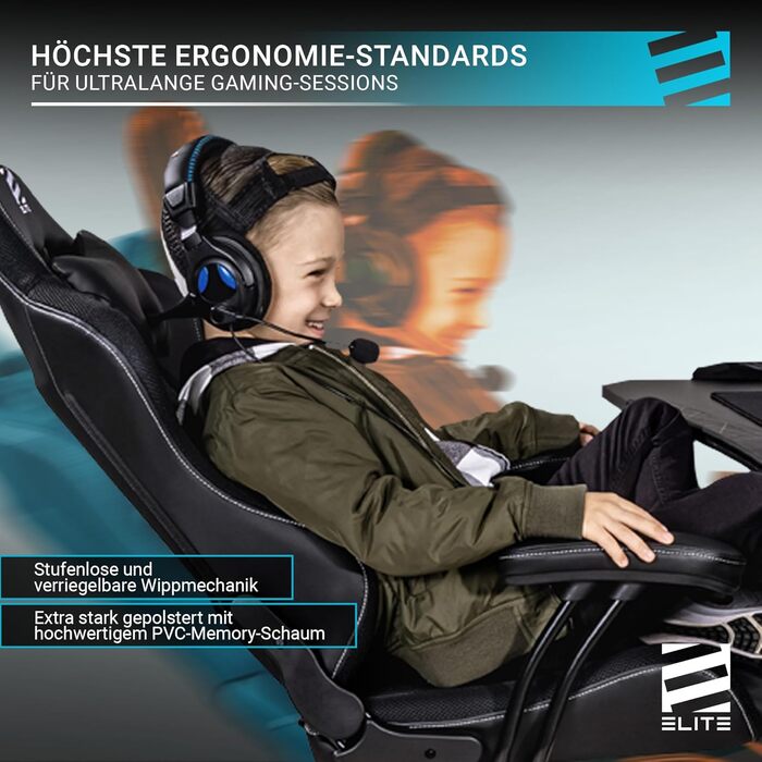 Ігрове крісло ELITE LED Pulse для дітей Ергономічне офісне крісло - Робоче крісло - Крісло керівника - Крісло - Гоночне ігрове крісло - Ігрове крісло - Обертове крісло - Крісло - Штучна шкіра (чорний/білий RGB)