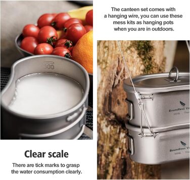 Титанові горщики Набір чашок Ниркоподібна кемпінгова їдальня Мірний набір зі складною ручкою та підвісним кільцем Ультралегка миск