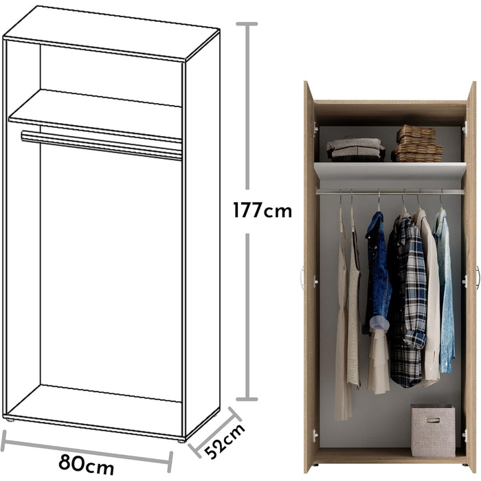 Вічна шафа у трьох різних розмірах - Універсальна шафа з орними дверима в обробці дуба Сонома - 80 x 177 x 52 см (Ш/В/Г) Дуб Сонома 80 x 177 x 52 см (без шухляд)