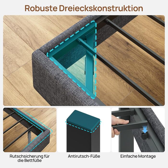 Металеве ліжко-семитуфля 90x200 см зі світлодіодним освітленням, включаючи рейковий каркас, плаваюча конструкція, стабільне та міцне, легке складання, сірого кольору без матраца сірого кольору 90 x 200 см