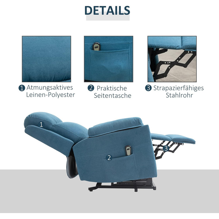 Електричне крісло-реклайнер HOMCOM з підйомником, розкладне крісло з пультом дистанційного керування, бічна кишеня, пружинна основа з кишеньковим механізмом, лляний вигляд, синій, без функції масажу
