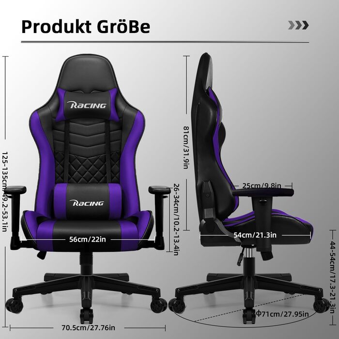 Геймерське крісло, офісне крісло з функцією гойдання до 170, геймерське крісло з регульованою поперековою подушкою, підголівником та підлокітниками, зручна подушка сидіння, геймерське крісло вантажопідйомністю 150 кг