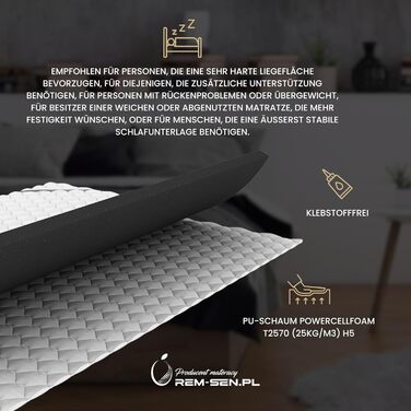 Наматрацник REM-Sen, 90x200 см, висота 6 см, рівень жорсткості 5 (H5). Виготовлений з дуже міцного пінополіуретану з тришаровим мембранним покриттям. Підходить для диванів або будь-якої іншої зони відпочинку. Сертифіковано Oeko-Tex. H5 90 x 200 см