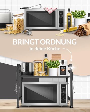 Полиця для мікрохвильової печі, кухонна полиця, стояча, сталь (2-рівнева) Полиця для мікрохвильової печі, шафа для мікрохвильової печі Полиця для зберігання, полиця для пекарні, регульовані по висоті та довжині полиці відеоінструкції, гачки - Чорний, 2-рі