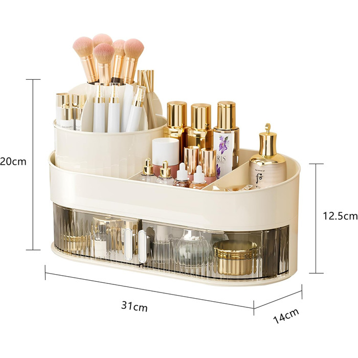 Органайзер для макіяжу з 1 шухлядою, обертовим органайзером для косметики та відділенням з тримачем для пензлів для макіяжу, що обертається на 360, для спальні та ванної кімнати, стандартні стільниці для туалетного столика