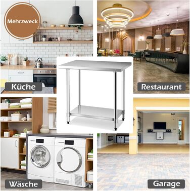 Кухонний стіл COSTWAY з нержавіючої сталі з регульованою по висоті полицею, робочий стіл, стіл для кейтерингу, стіл для приготування їжі з нержавіючої сталі з проміжною полицею (92x690 см)