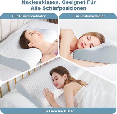 Подушка для шиї - ергономічна подушка з піни з ефектом пам&39яті для полегшення болю в шиї, подушка для підтримки шиї зі знімною наволочкою, для сну на боці, спині та животі, 63*34*12/9 см, біла