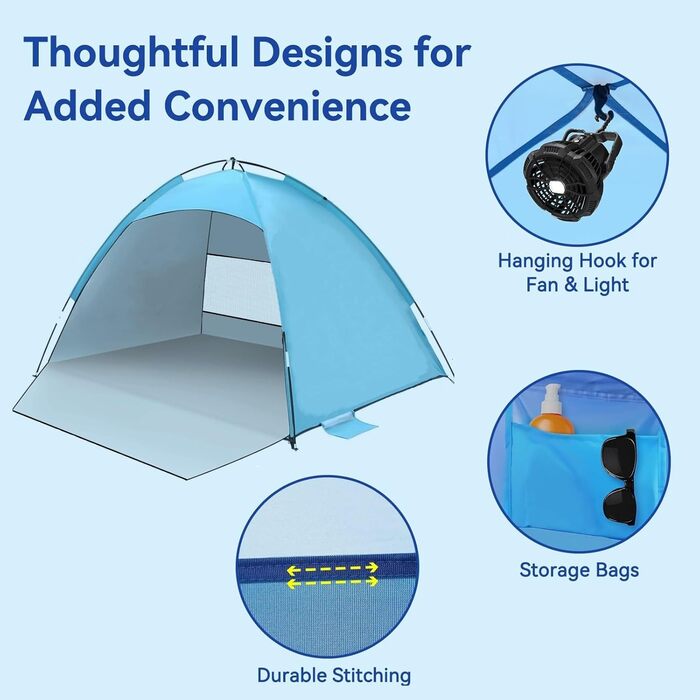 Пляжний намет із захистом від ультрафіолету, пляжний намет UPF 50, невеликий розмір для 2-3 осіб, портативний пляжний намет, вітрозахисний, легкий з сумкою для перенесення