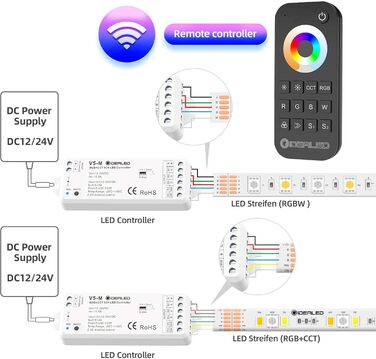 Бездротовий контролер світлодіодної стрічки 5 в 1 з радіочастотним пультом дистанційного керування, 5-канальний світлодіодний контролер RGBWW з регулюванням яскравості для CCT RGB RGBW RGBCCT і 5-канальний світлодіодний контролер з білою світловою стрічко