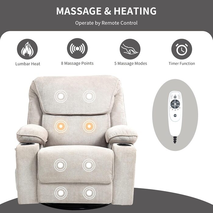 Крісло-гойдалка з функцією масажу, крісло для телевізора з функцією відкидання, вібрація, підігрів, товста спинка та підлокітники, масажне крісло з функцією гойдання, поворот на 360, бежевий