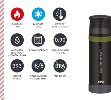 ТЕРМОС ДЛЯ НАПОЇВ THERMOS MOUNTAIN 0.9 л, чорний, термос з нержавіючої сталі з чашкою для пиття, зберігає напої гарячими/холодними протягом 24 годин, легка пляшка для активного відпочинку, міцна, знімна кришка, без BPA, 900 мл