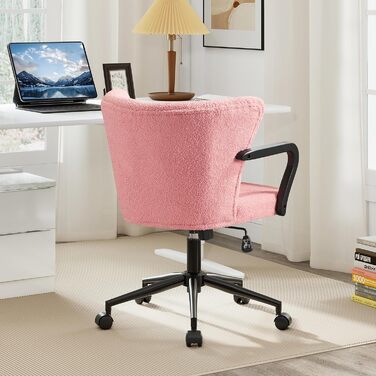 Крісло для офісу з регульованою висотою, ергономічне офісне крісло з високою спинкою та підлокітниками, обертове крісло з крилами спинки, крісло для туалетного столика, крісло для туалетного столика з колесами, рожева тканина шерпа