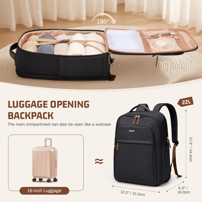 Дорожній рюкзак для жінок та чоловіків, рюкзак для ноутбука 17,3 дюйма, великий шкільний рюкзак. Рюкзак Travrl з відділенням для ноутбука для бізнесу, університету, чорний (петля на 180 градусів) 17,3&39