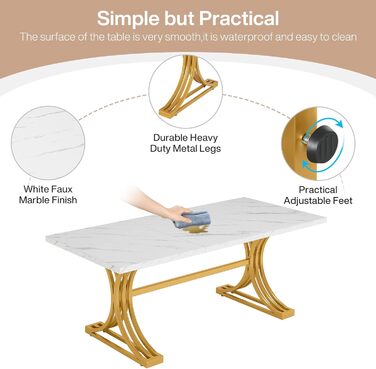 Сучасний обідній стіл Tribesigns 160 x 80 см для 4-6 осіб, кухонний стіл зі стільницею зі штучного мармуру, міцний металевий каркас (білий та золотий) білий / золотий