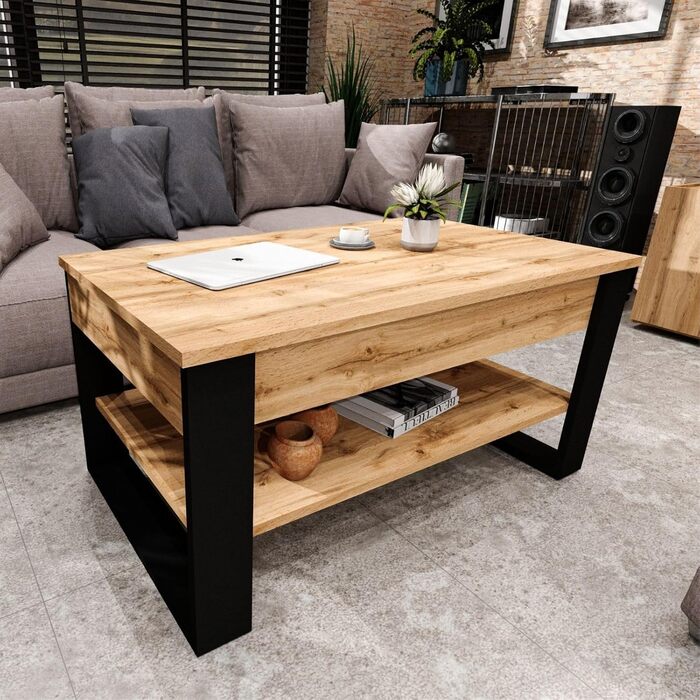 Журнальний столик з регульованою висотою та місцем для зберігання - Журнальні столики - Розкладний стіл для вітальні - Журнальний столик з регульованою висотою - Стіл для вітальні дерев&39яний коричневий Вотан/чорний.