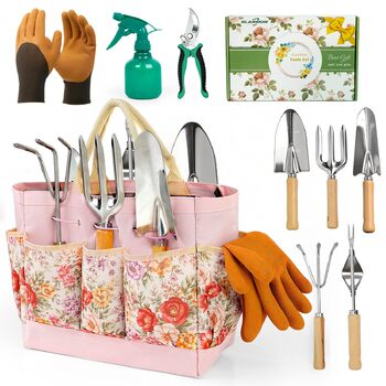 Набір садових інструментів Gartenwerk, 11 предметів, нержавіюча сталь секатор, рукавички, сумка для квітів, розпилювач, килимок для пересадки рослин інструменти для саду в рожевому кольорі