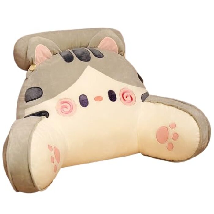 Подушка для читання, подушка для спини з підлокітниками, подушка для читання для ліжка, подушка для спинки крісла-ліжка з підтримкою спини, ергономічна подушка для спини ліжка, оксамитова подушка для читання, сірий кіт, 75x50 см