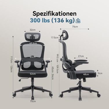 Ергономічне офісне крісло SIHOO M102C, обертове крісло з 3D-підлокітниками, висока спинка, поперекова підтримка (вгору та вниз), регулювання висоти та функція гойдання, чорне