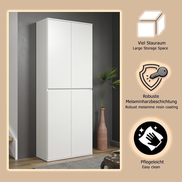 Багатофункціональна шафа - Біла - Шафа з 4 дверцятами, 6 полицями та 1 вішалкою для одягу - (Ш x В x Г) 74 x 191 x 34 см - дверцята без ручок