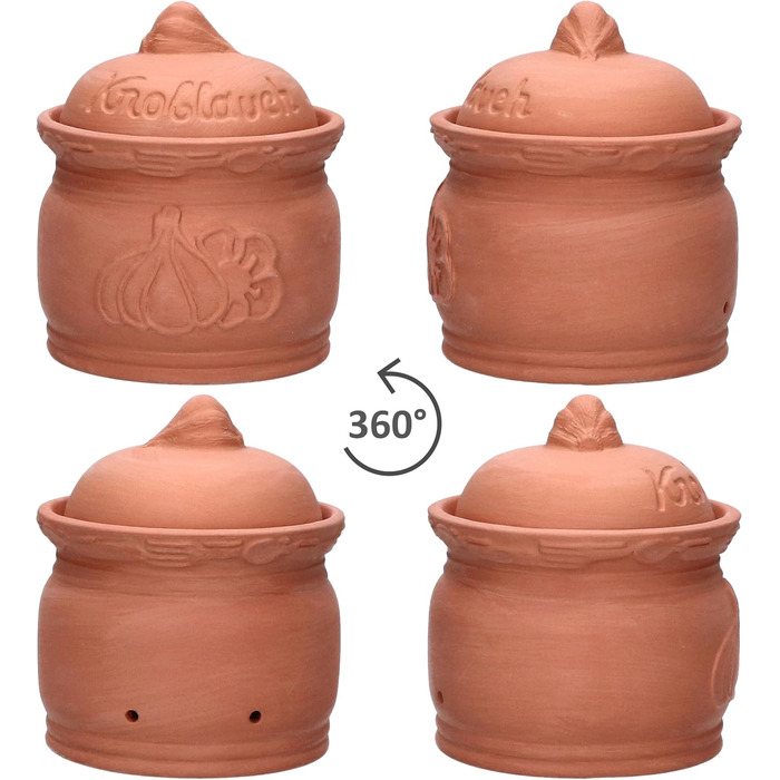 Горщик для часнику MamboCat Terra з теракоти Ø 12,8 см Глиняний горщик з кришкою для вашої кухні Гарної форми контейнер для зберігання з рельєфним малюнком та написами Ідеально підходить для тривалого зберігання