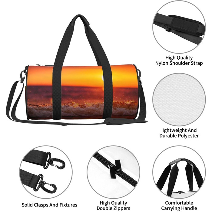 Спортивна сумка, дорожня сумка, сумка на ніч з принтом Морський захід та хвилі, чорна, універсальний розмір, сумка для подорожей