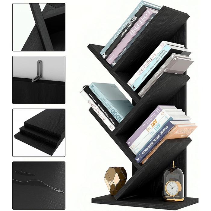 Книжкова полиця YMYNY у формі дерева, 4-рівнева перегородка для кімнати, сучасна дерев&39яна полиця для книг/фільмів/компакт-дисків, вузька підставка для спальні, домашнього офісу, чорна HBC014B 60 см 4 яруси чорного кольору