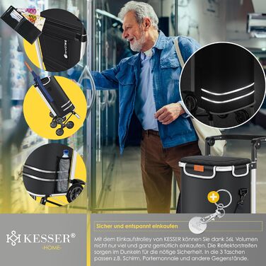 Багатофункціональний візок для покупок зі сходами, з термосумкою, складною конструкцією, місткістю 56л та вантажопідйомністю до 50кг 3-в-1 Візок-драбина, сумка-візок та сумка через плече Складаний візок для покупок з жетоном для покупок, чорний