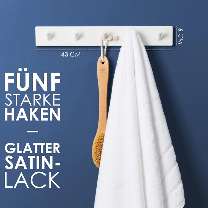 Гачки для верхнього одягу білі (2 шт.) - вішалка біла з 5 гачками - 43 см - гачки для верхнього одягу настінні - настінна вішалка