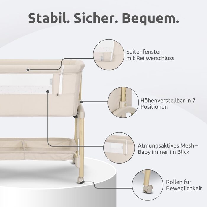 Дитяче ліжечко Lorelli Baby Millie, колиска зі складною бічною панеллю, регульоване по висоті дитяче ліжечко з матрацом, складне приліжкове ліжечко, бежевий колір