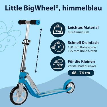 Дитячий самокат HUDORA Little BigWheel безпечний алюмінієвий міський самокат для дітей від 3 років, регульована висота, складаний механізм, навантаження до 100 кг, великі колеса, небесно-блакитний