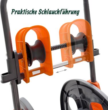 Шланг для поливу Relaxdays, 60 м, зєднувачі швидкого зєднання, направляюча шланга, 2 колеса, пластик/сталь, барабан для шланга, сірий/помаранчевий