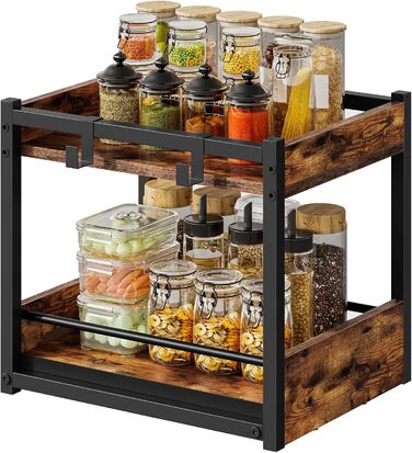 Підставка для спецій HOOBRO, 2-рівнева кухонна полиця, підставка для спецій з висувними лотками та гачками, кухонний органайзер, для кухні, вітальні, спальні, рустикальний коричневий та чорний EBF08TL01