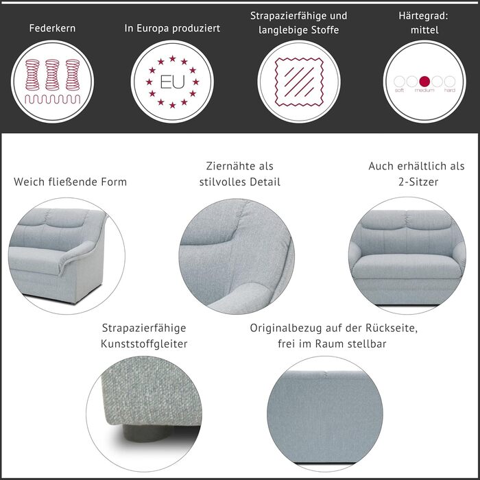 Колекція DOMO. Диван Берлін, класичний 3-місний диван, м&39який гарнітур з високоякісною пружинною серцевиною, 3-місний 178 x 90 x 89 см (Ш x Г x В), світло-сірий Світло-сірий 3-місний