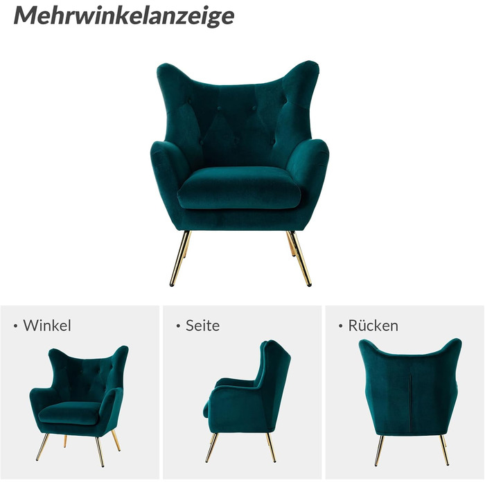 Крісло HULALA HOME, зручне крісло з відкидною спинкою та золотистими металевими ніжками, крісло для читання, зручне крісло з оксамиту для вітальні/спальні, темно-зелений 1 темно-зелений