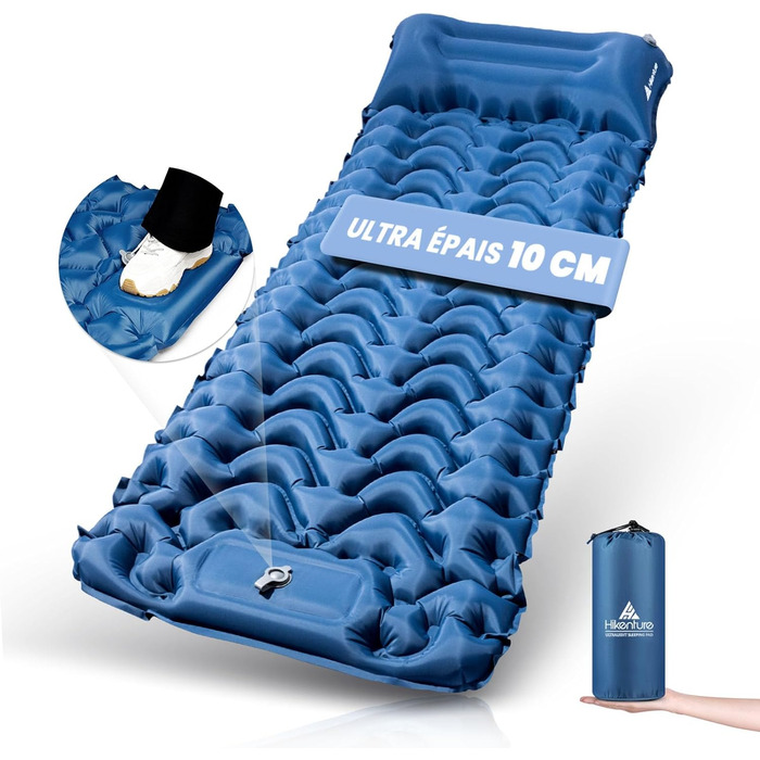 Килимок для кемпінгу HIKENTURE, заввишки 10 см, невеликий розмір у упаковці, надувний килимок для сну з ножним насосом для активного відпочинку, походів та використання в наметі, синій