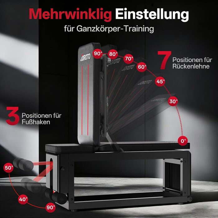 Регульована силова лава JOROTO MD85 з вбудованим відділенням для зберігання, вантажопідйомність 990 фунтів/450 кг, багатофункціональна похила лава, 9-позиційні блоки та 7-позиційна регульована спинка, лава для домашніх тренувань
