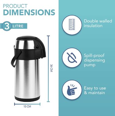 Термокавник для кави 3-літровий з нержавіючої сталі Airpot з помпою. Двостінний ізоляційний, герметичний кавник для кави та чаю з поворотною основою на 360, ручкою для перенесення, запобіжним замком, знімний.