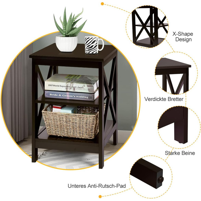 Рівнева тумбочка, комплект з 2 шт. , бічний столик, тумбочка, журнальний столик для спальні, вітальні, 40x40x61 см (X-подібний, коричневий) коричневий, 2 шт., X-подібний, 3-