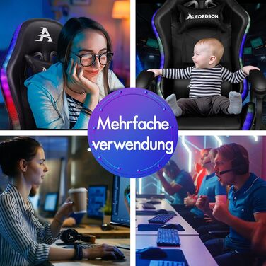 Геймерське крісло ALFORDSON Racing, масажне геймерське крісло з 12 світлодіодними кольорами RGB-підсвічування, ергономічне крісло з поперековою опорою, крісло-реклайнер з підставкою для ніг, шкіра PU, чорний Marc - серія Black Marc