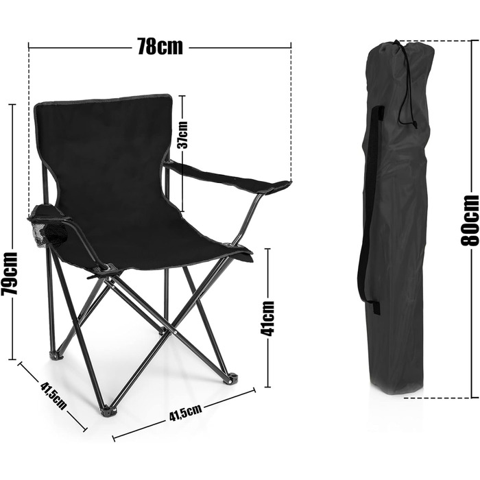 Складаний стілець Кемпінговий стілець Рибальський стілець з тримачем для напоїв та сумкою для перенесення - Складаний рибальський стілець - Складаний стілець Садовий стілець Складаний стілець Крісло для відпочинку Рибальський стілець Складаний Чорний, 2 ш